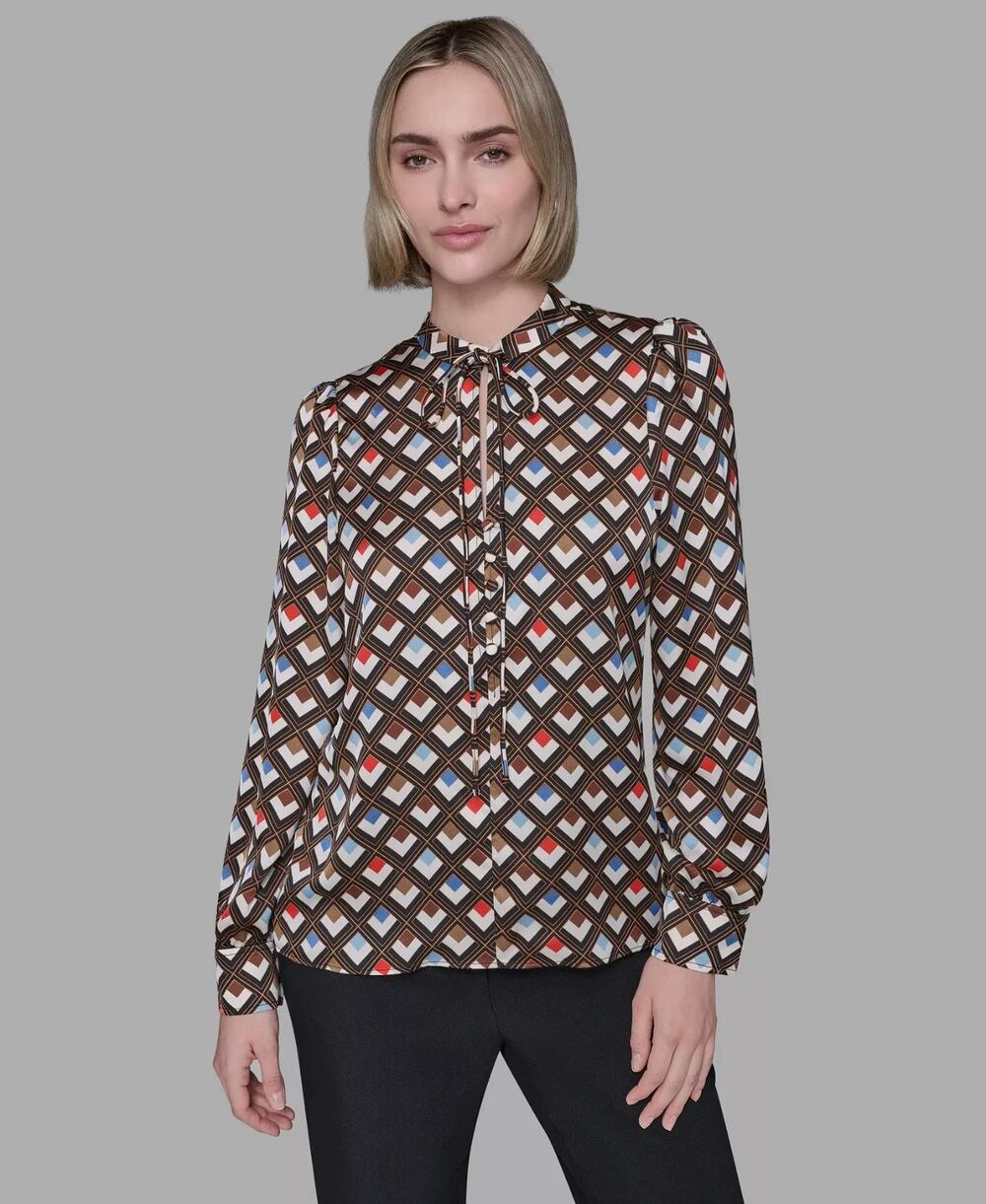 Karl Lagerfeld Paris Top Women XS Multi Geometric Keyhole Tie-Neck Boho Chic NWT